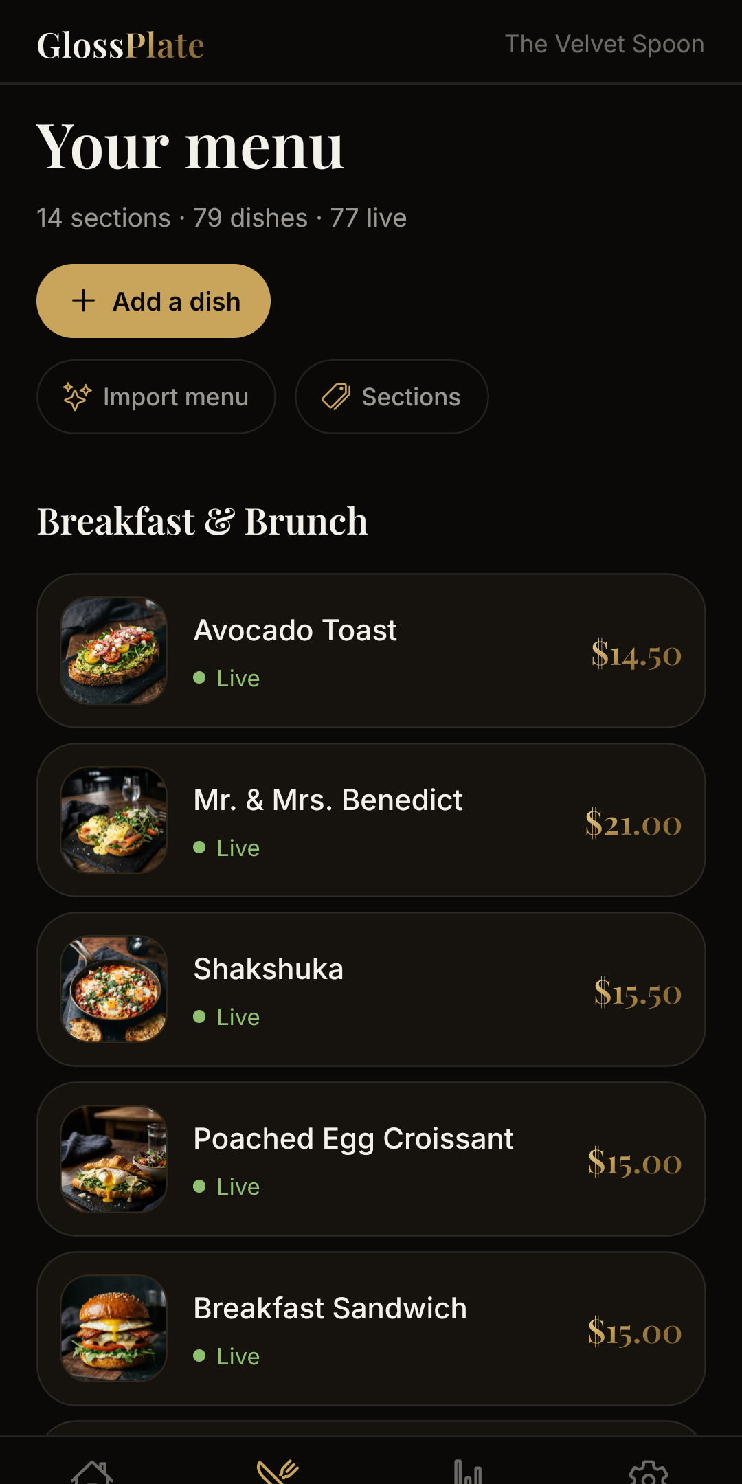 GlossPlate menu view